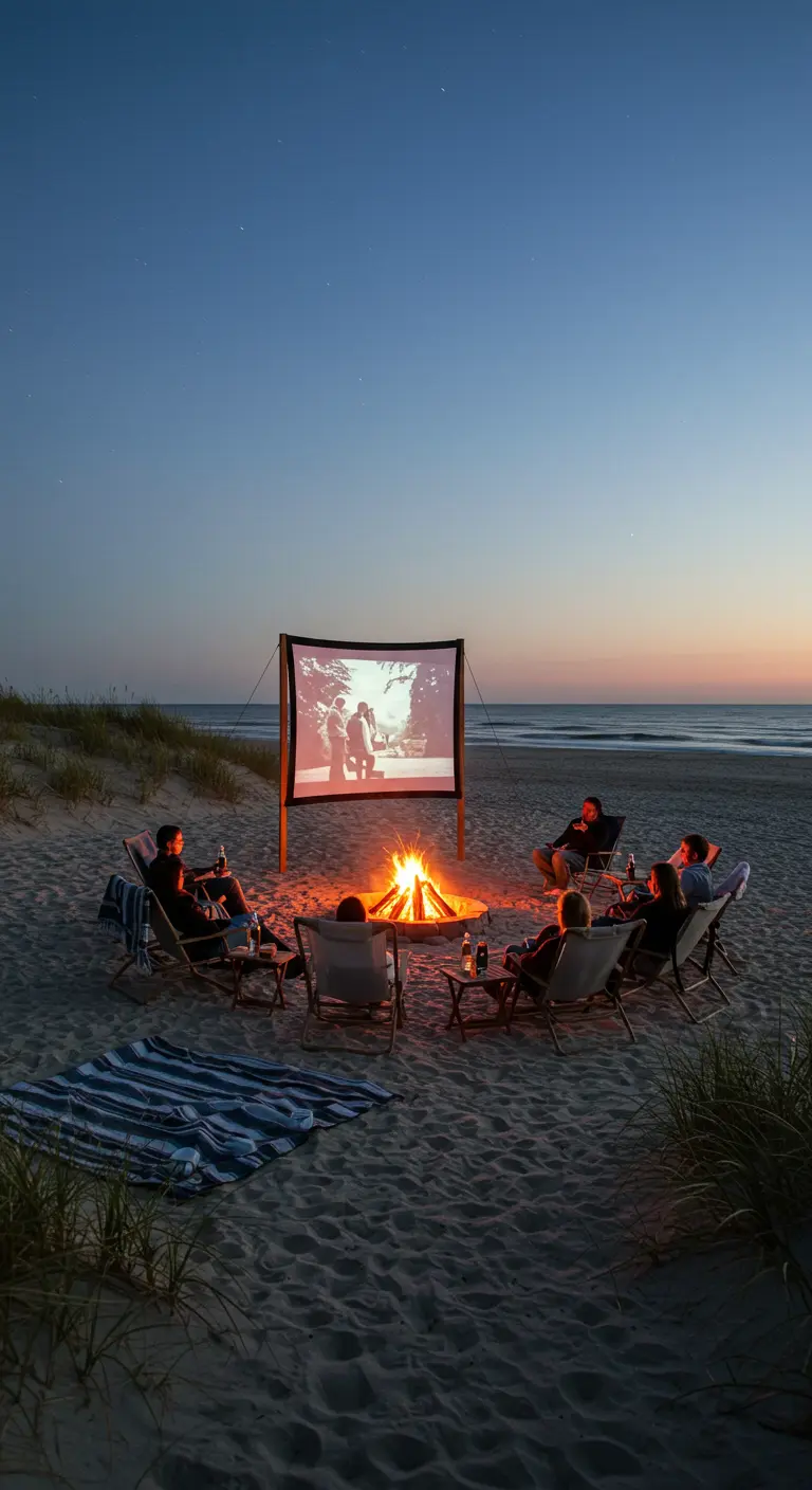 Buitenbioscoop op het strand met een kampvuur en klapstoelen bij zonsondergang.