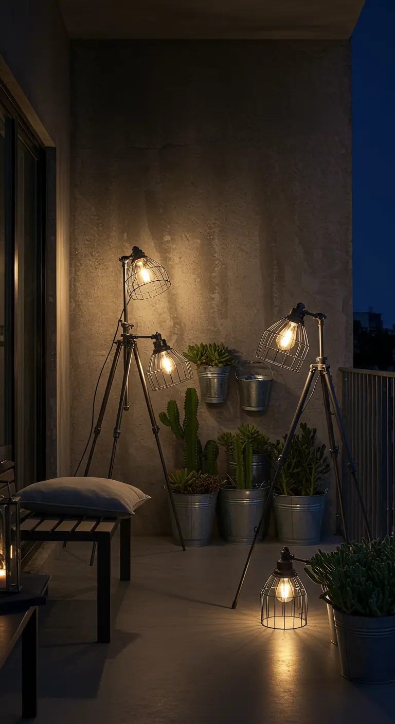 Balkon 's nachts verlicht door industriële tripod lampen, met planten in emmers.