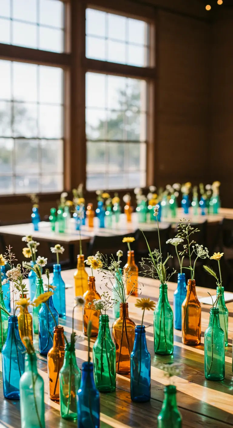 Grote verzameling gekleurde glazen flessen met enkele wilde bloemen als tafeldecoratie.