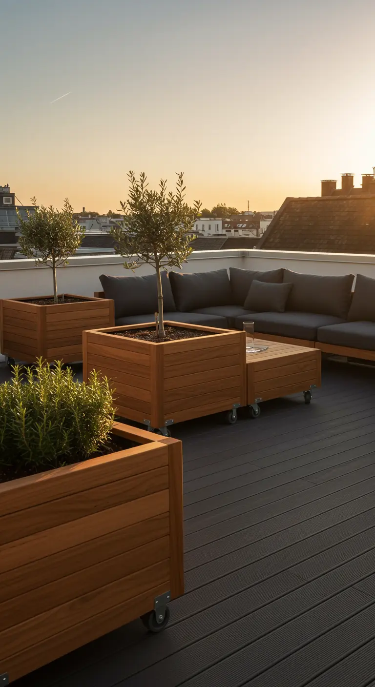 Moderne houten plantenbakken met olijfbomen op wielen op een strak dakterras bij zonsondergang.