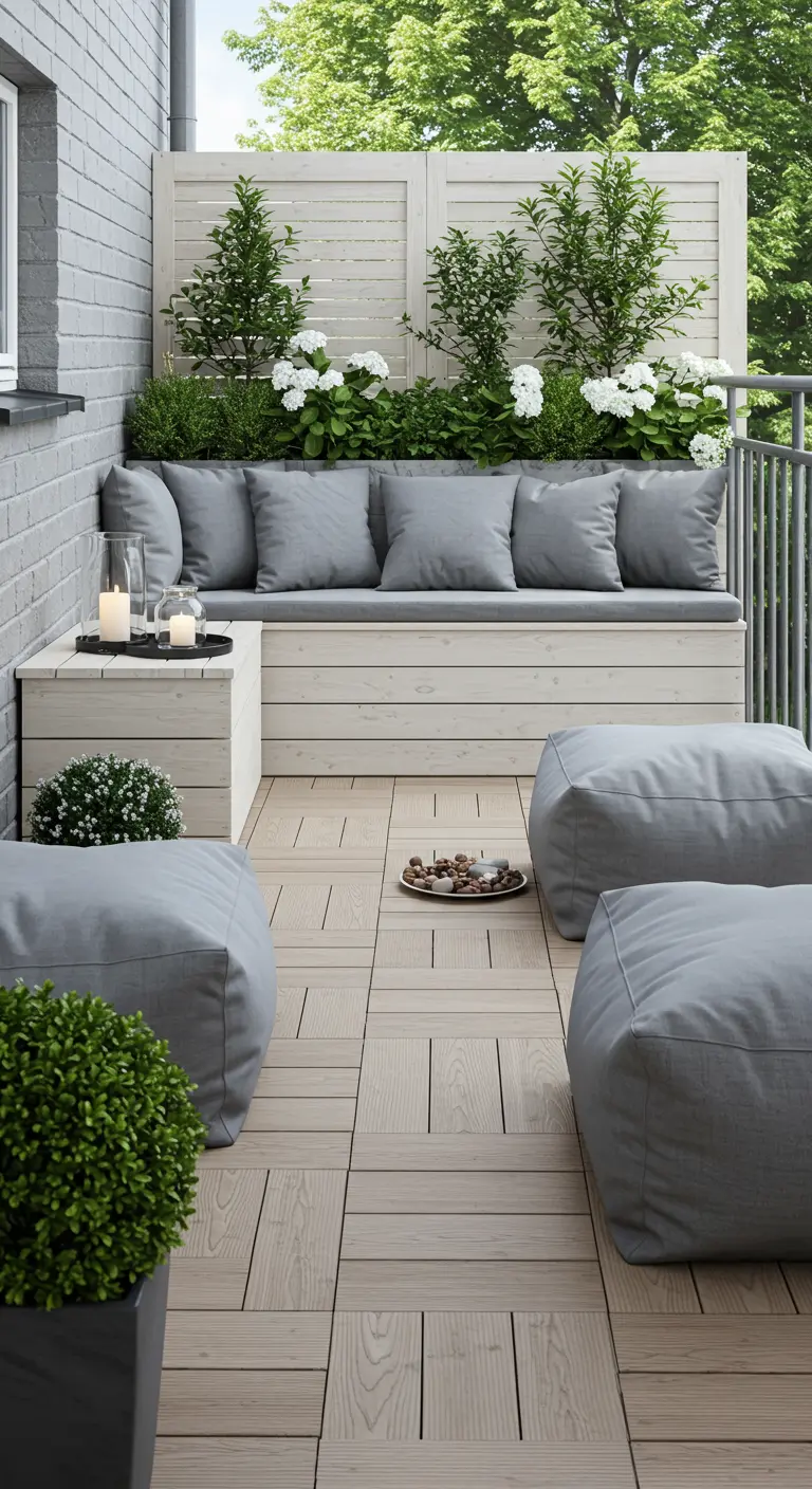 Balkon met een grijze loungebank en bijpassende vierkante poefs op een houten vloer.