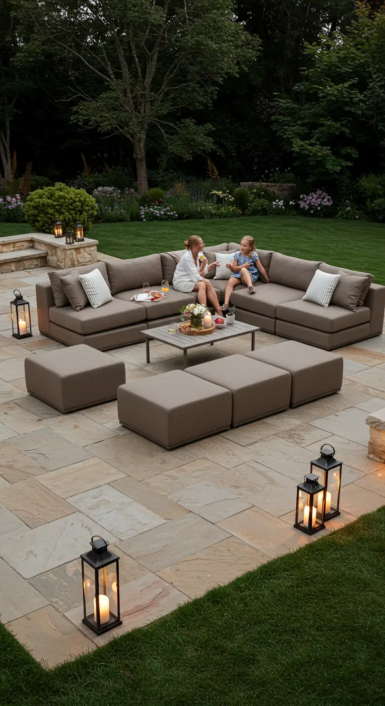 Grote modulaire loungebank in een tuin, met losse hockers en grote lantaarns met kaarsen.