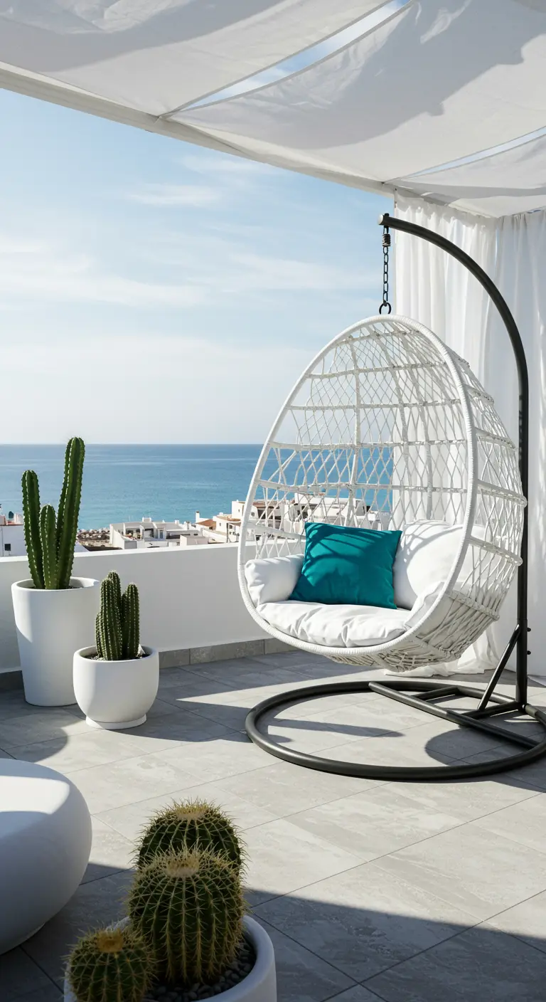 Witte eivormige hangstoel met zwart frame op een dakterras met cactussen en uitzicht op zee.