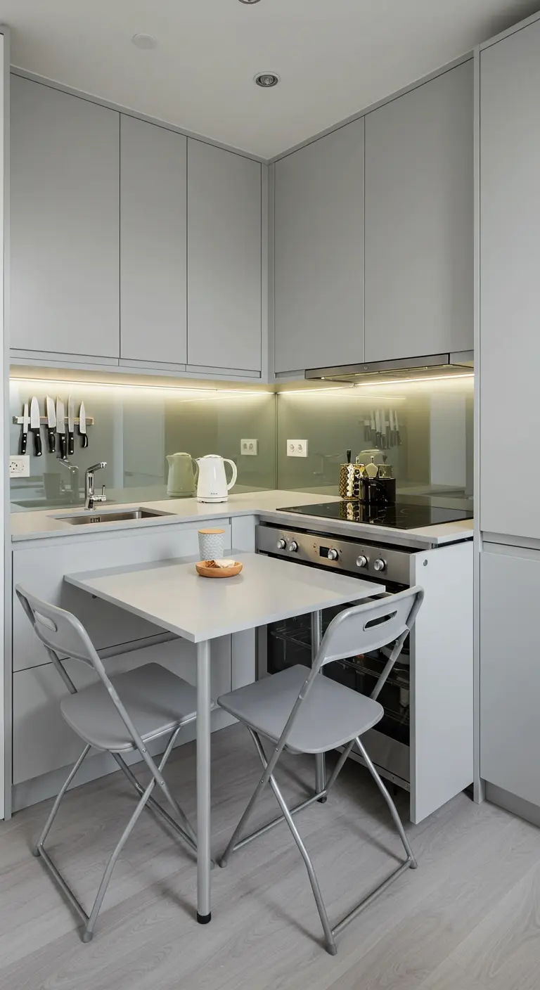 Compacte lichtgrijze keuken met een uitklapbare eettafel en twee opvouwbare stoelen