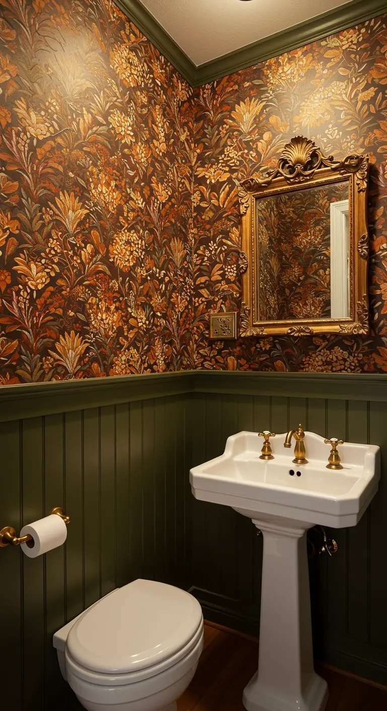 Toiletruimte met bloemenbehang boven donkergroene houten lambrisering en klassiek sanitair.