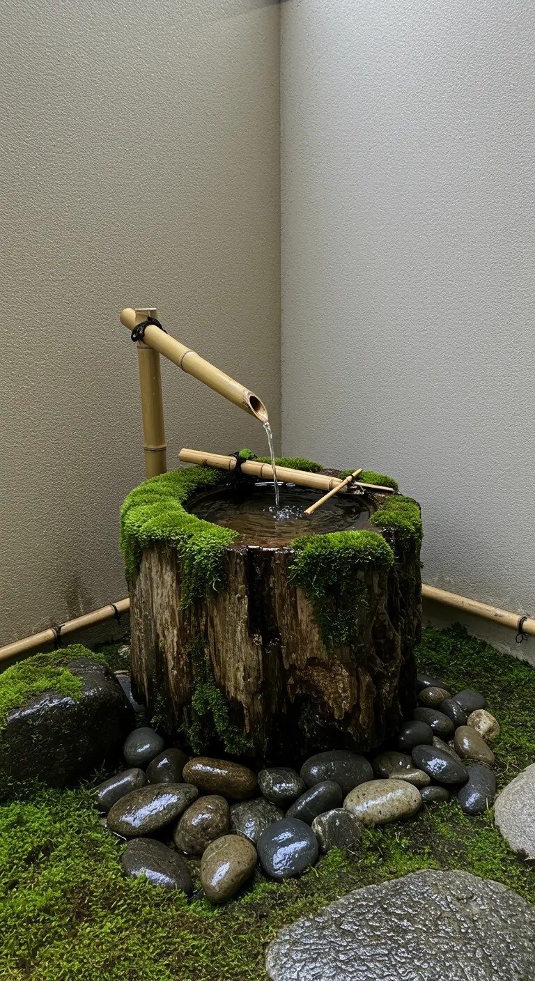 Japanse waterfontein gemaakt van een met mos begroeide boomstam.