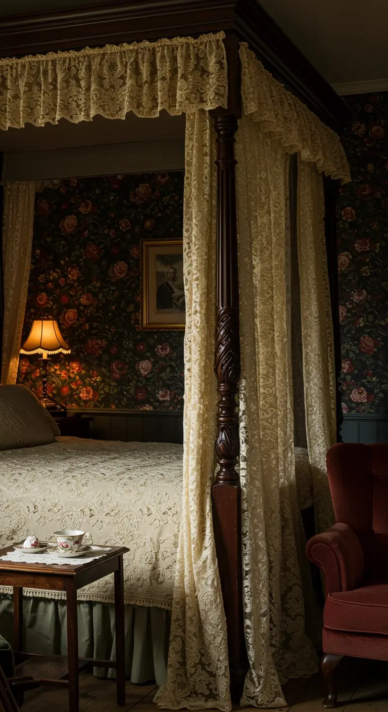 Donkere slaapkamer met dramatisch bloemenbehang, hemelbed met kant en warme verlichting.