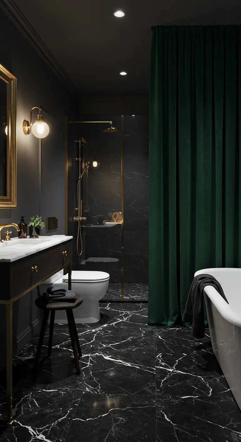 Luxe badkamer met zwart marmer, gouden details en een zwaar, donkergroen fluwelen gordijn.