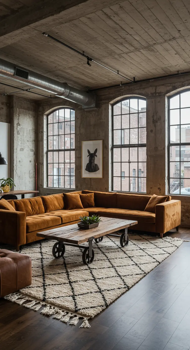 Industriële loft met betonnen muren en een grote, okerkleurige fluwelen hoekbank.