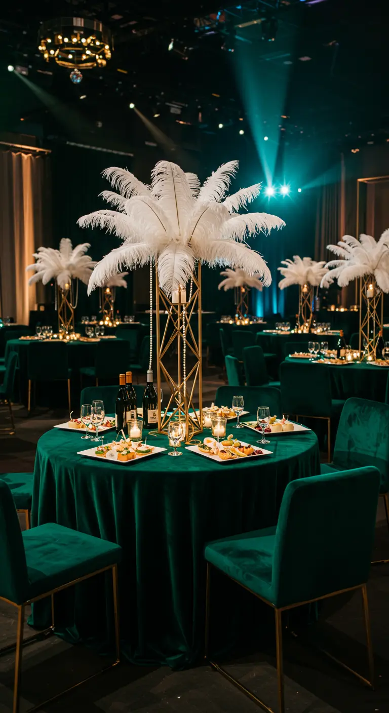 Feestzaal met ronde tafels, smaragdgroen fluweel, gouden stoelen en veren als centerpieces.