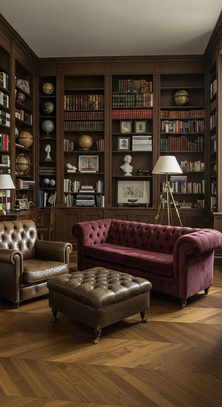 Woonkamer met donkerhouten boekenkast, rode fluwelen bank en leren fauteuil