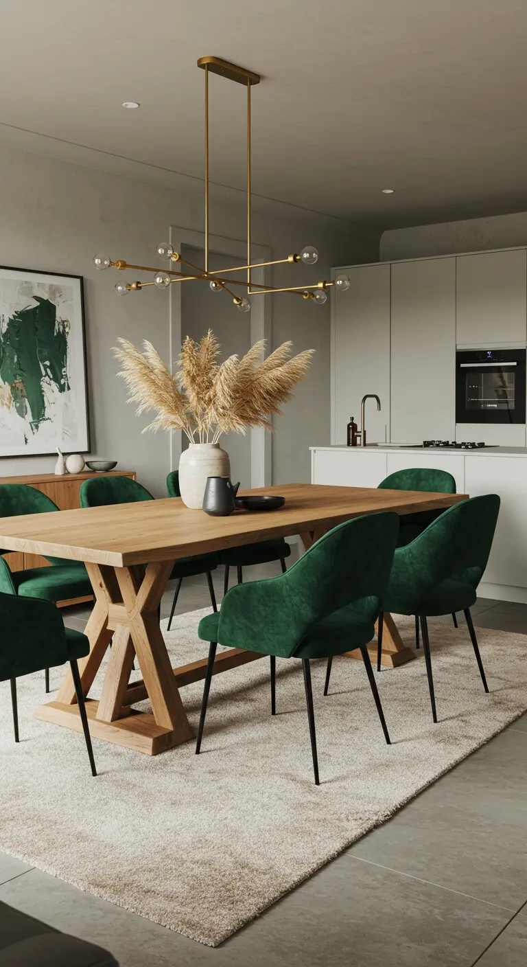 Eetkamer met groene fluwelen stoelen, houten tafel, gouden kroonluchter en pampasgrasdecoratie.