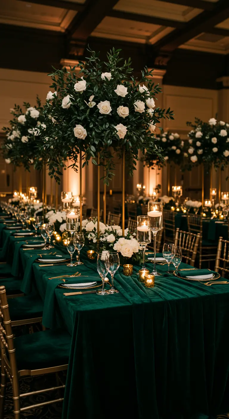 Lange tafel met donkergroen fluwelen laken, gouden stoelen en hoge bloemstukken.