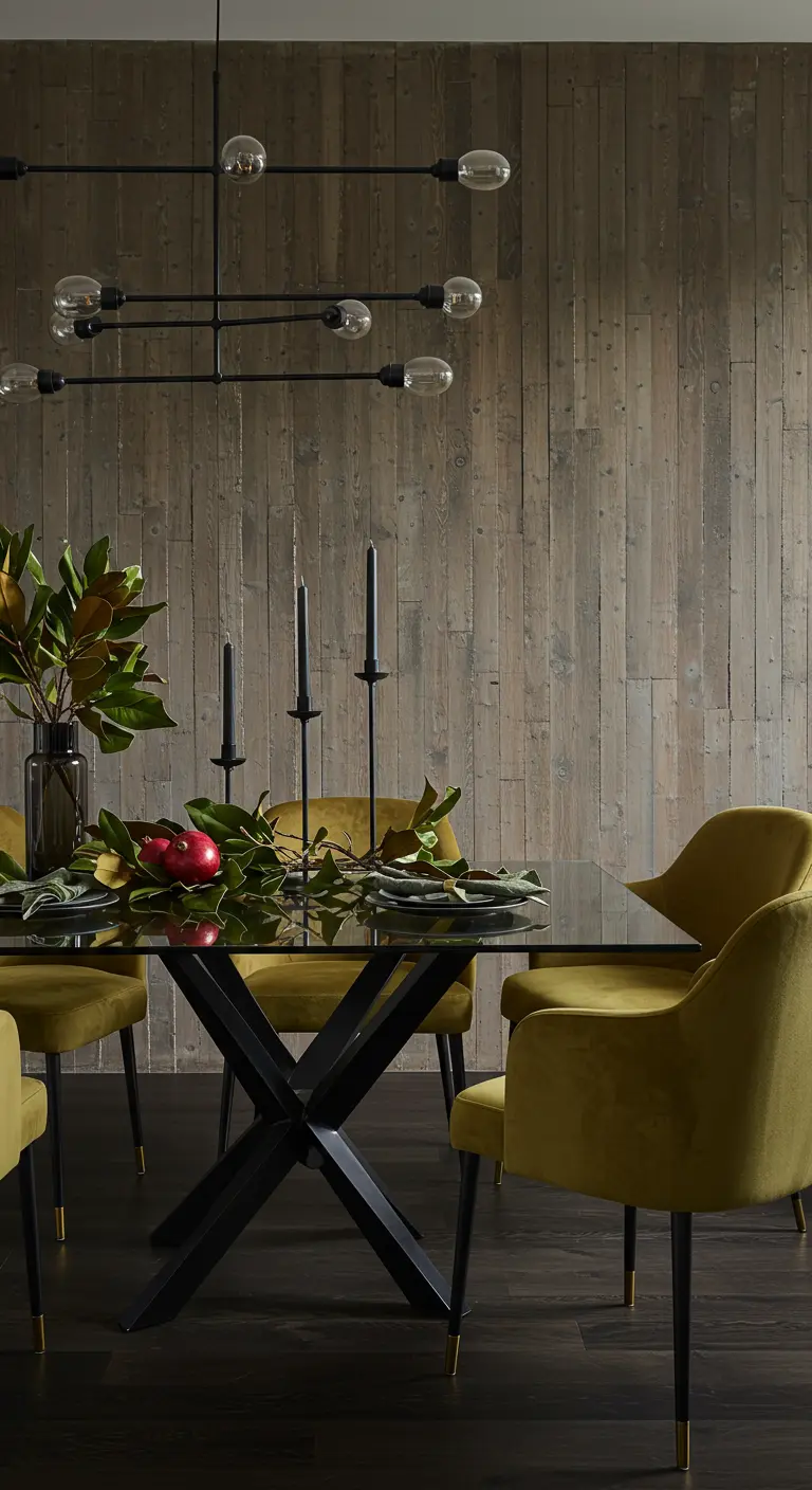 Donkere eetkamer met een zwarte tafel en opvallende chartreuse-groene fluwelen stoelen.