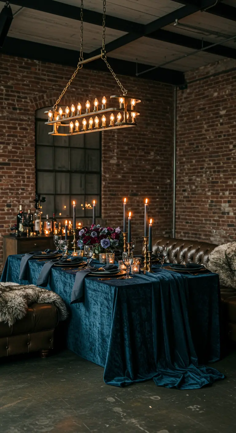 Donkerblauwe fluwelen dinertafel in een industriële ruimte met bakstenen muur.