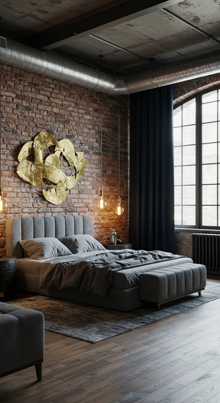 Industriële slaapkamer met bakstenen muur, grijze fluwelen details en gouden wandkunst.