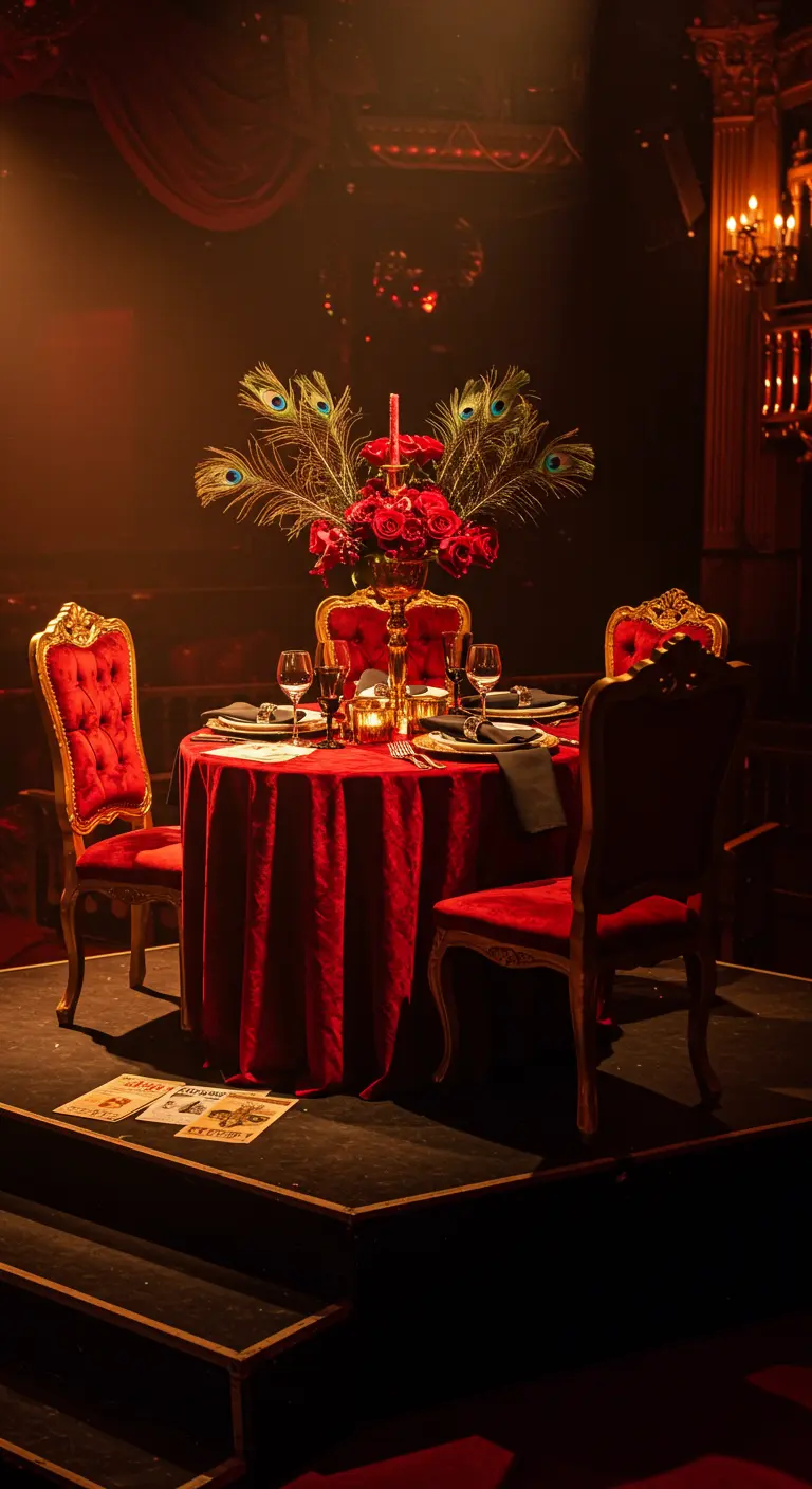 Rood gedekte tafel met gouden stoelen en pauwenveren in een theaterachtige setting.