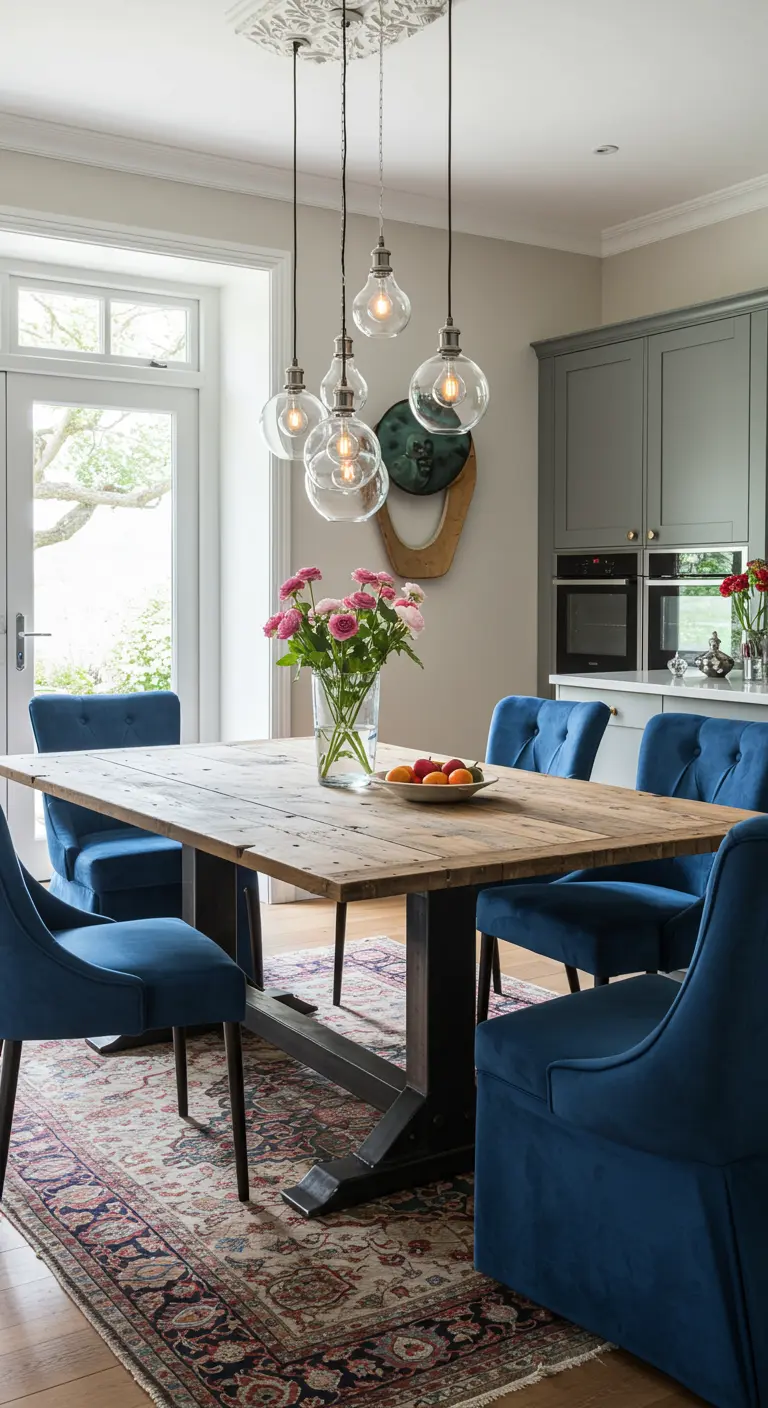 Eettafel met houten blad en metalen onderstel, omringd door koningsblauwe fluwelen stoelen.