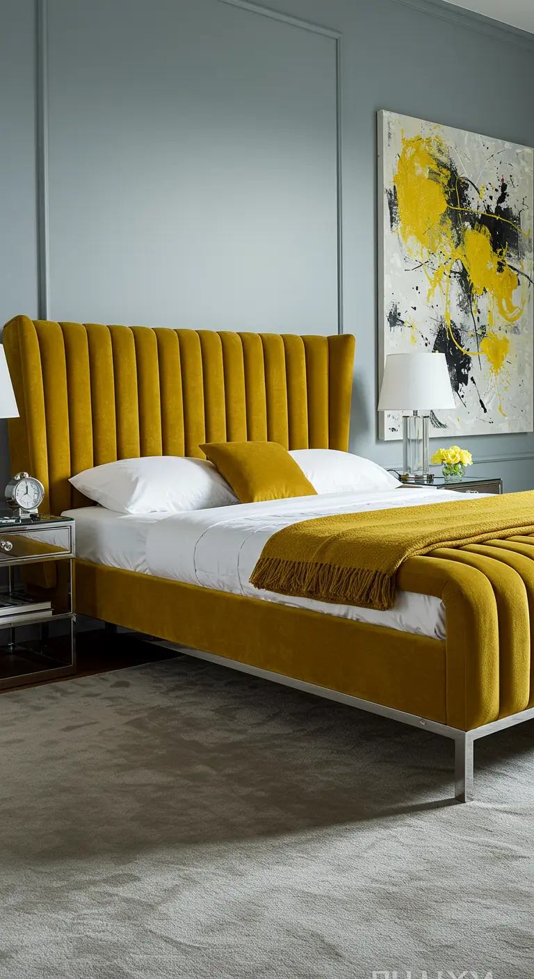 Slaapkamer met een mosterdgeel fluwelen bed tegen een grijsblauwe muur.