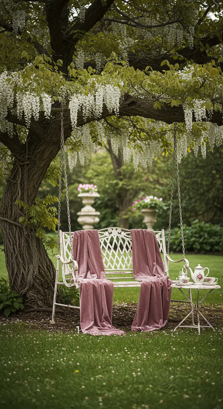 Witte metalen vintage schommel onder een boom met witte bloesem en een roze fluwelen plaid.