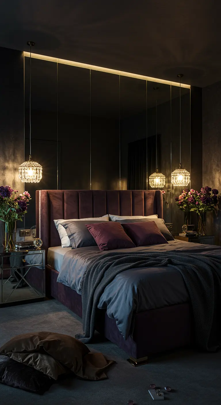 Donkere slaapkamer met paars fluwelen bed, spiegelwanden, zwevende kristallen pendellampen.