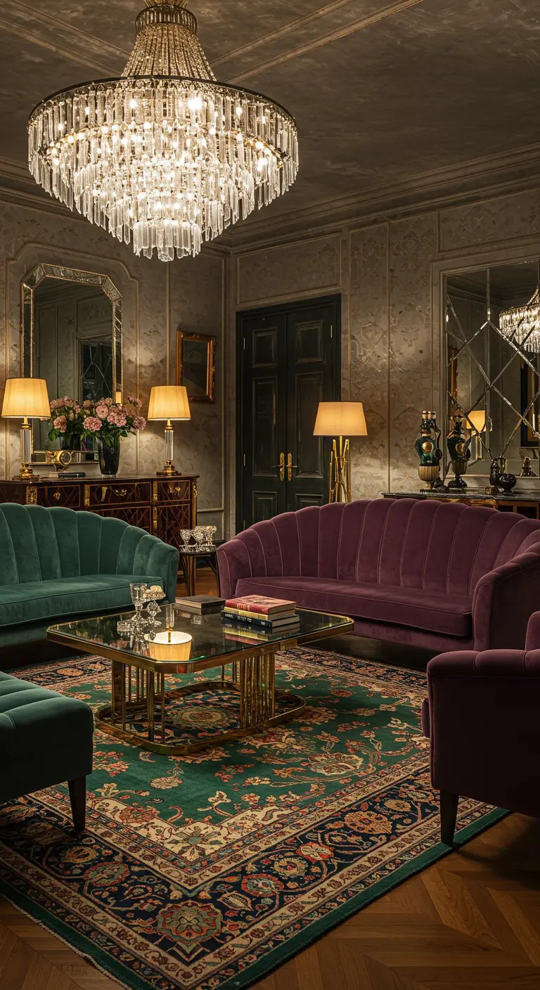 Luxueuze woonkamer met diepgroen vintage tapijt, fluwelen banken en kristallen kroonluchter.