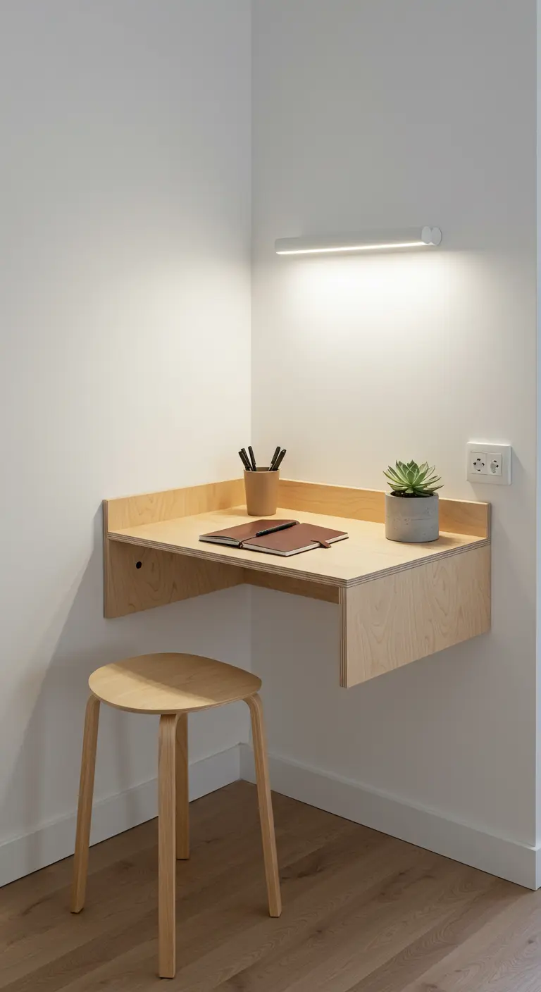 Minimalistisch hoekbureau van licht hout met een strakke wandlamp erboven.
