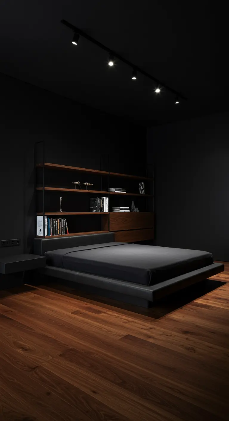 Donkere, minimalistische slaapkamer met een railsysteem met spots die het bed en de wandkast verlichten.