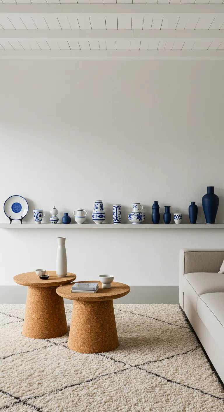 Moderne woonkamer met wit-blauw keramiek op een wandplank, kurken salontafels en een wollig tapijt.