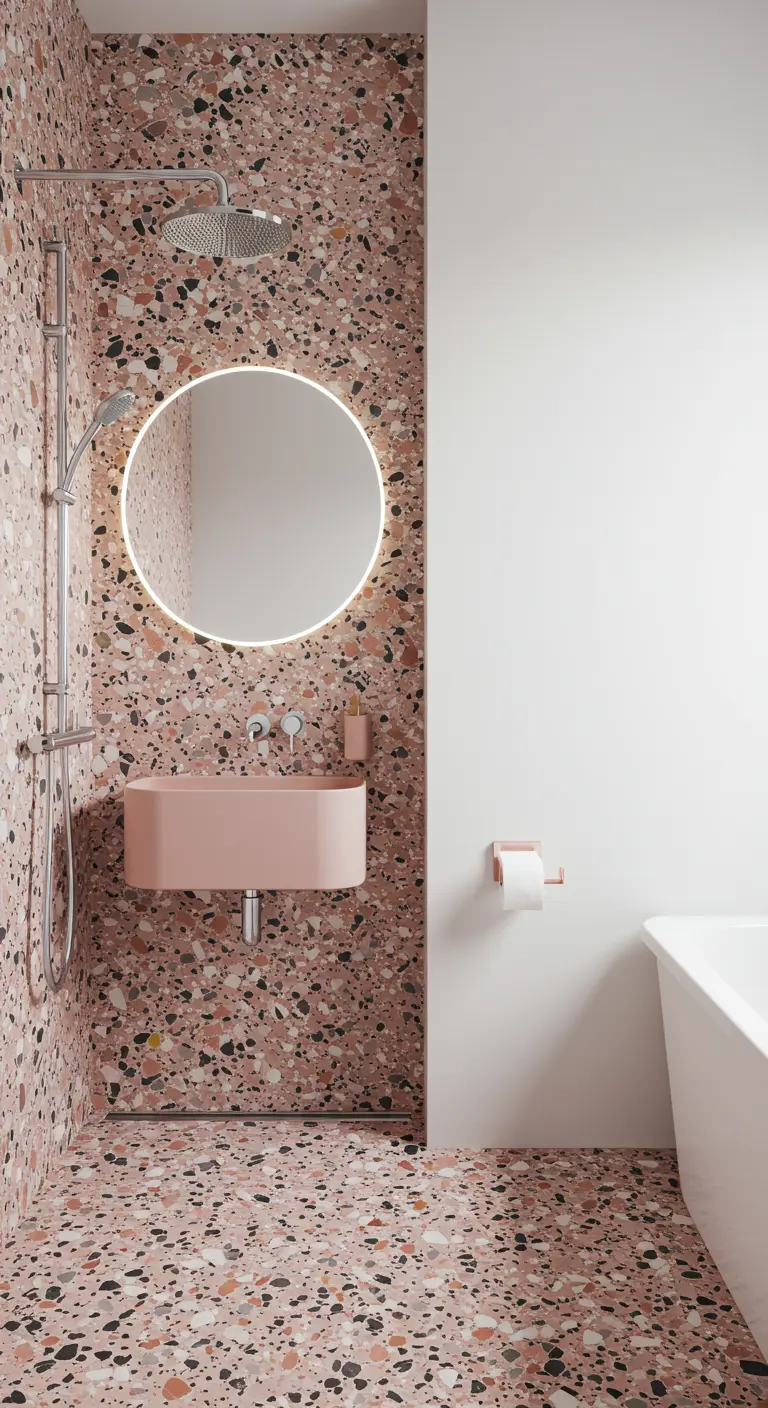 Badkamer met een douchewand en vloer van roze terrazzo en een zwevende roze wastafel.