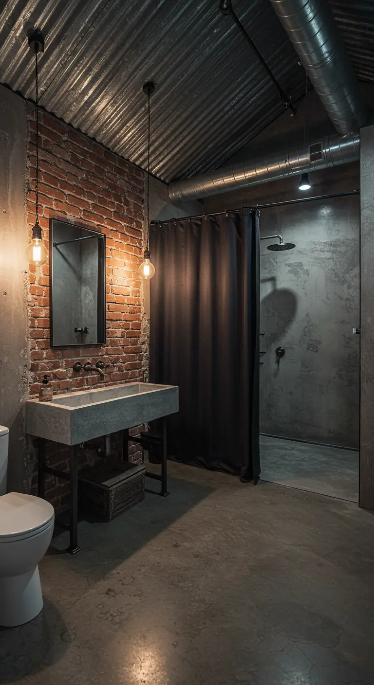 Industriële badkamer met bakstenen muur en een plafond van gegalvaniseerde golfplaten.
