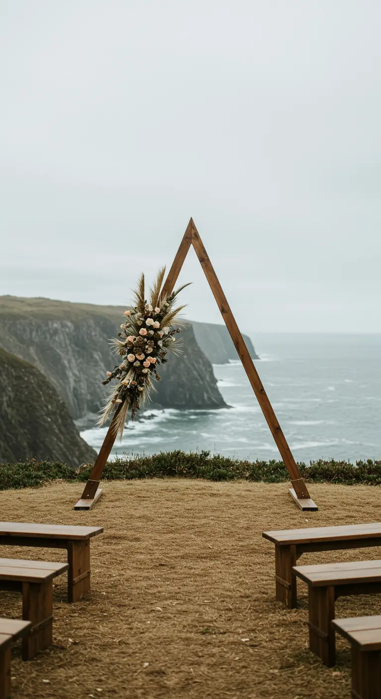 Minimalistische A-frame trouwboog met uitzicht op een ruige kustlijn en de zee.