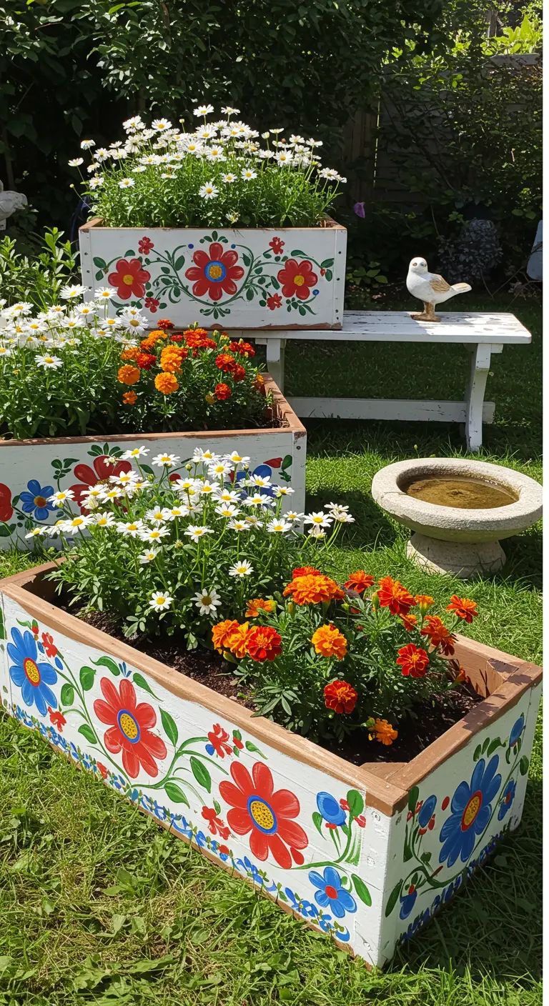 Witgeschilderde houten plantenbakken met vrolijke, kleurrijke bloemen in folklore-stijl.