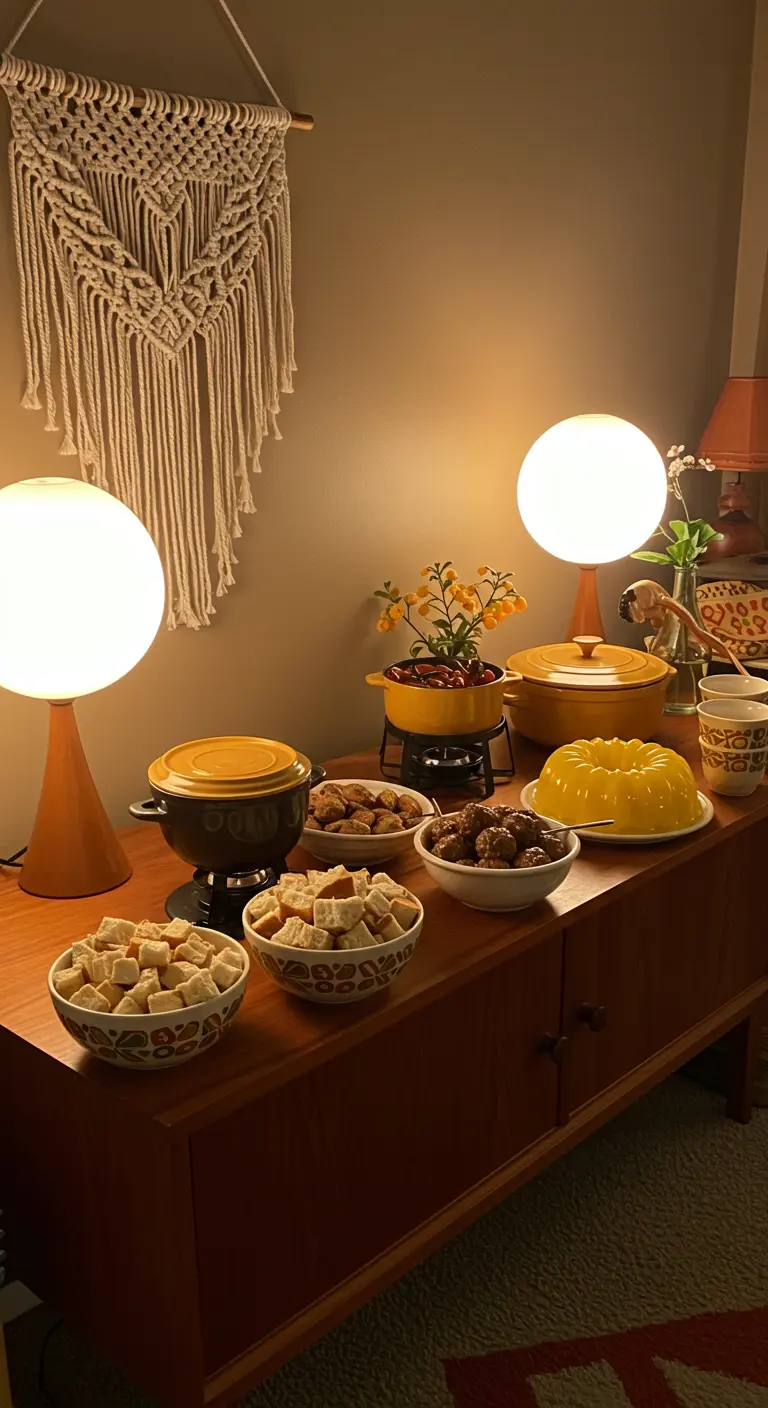 Fonduebuffet in jaren 70-stijl met oranje en gele details en warme verlichting.
