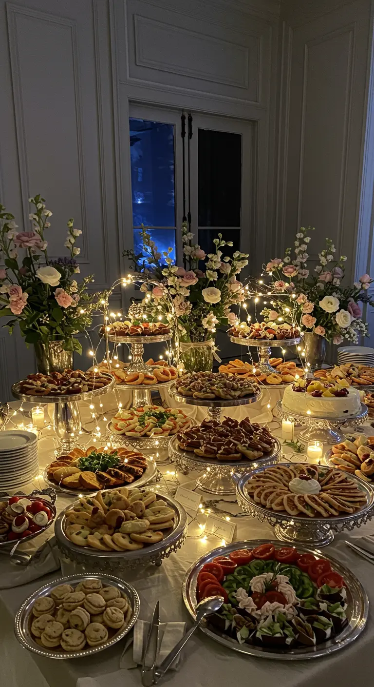 Uitgebreid buffet met hapjes, taarten en bloemen, versierd met sprookjeslichtjes.