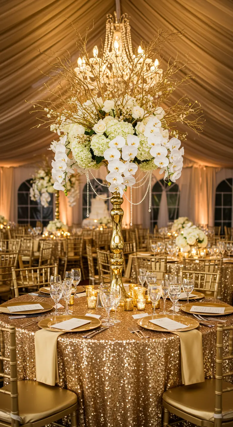 Gouden tafels met hoge witte bloemstukken, gouden stoelen en veel kaarsen in een tent.