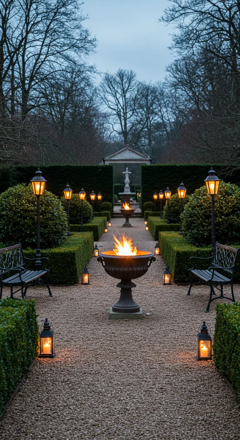 Formele tuin met een grindpad, symmetrische heggen en een centrale vuur-urn.
