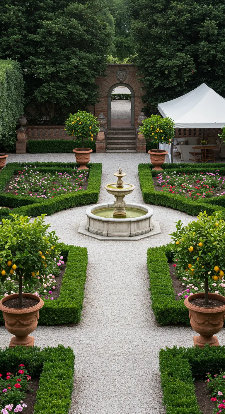 Formele Italiaanse tuin met een fontein, buxushagen en citroenbomen