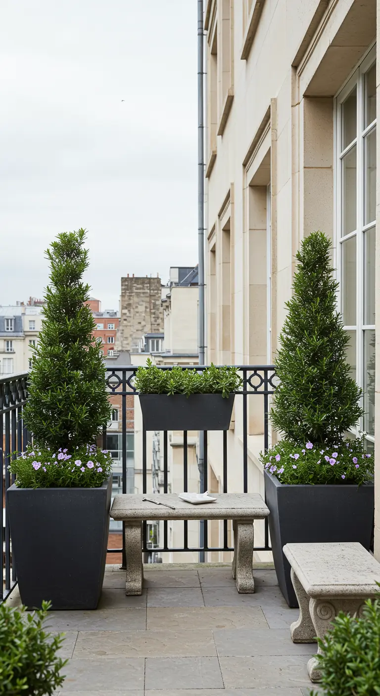 Symmetrisch balkon met twee hoge zwarte potten en een stenen bankje.