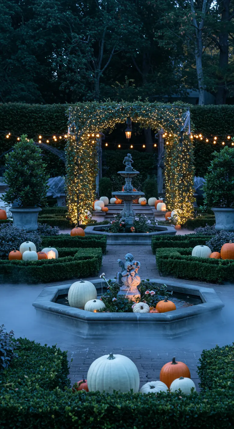 Formele tuin met verlichte boog, fonteinen, witte en oranje pompoenen, en mist.