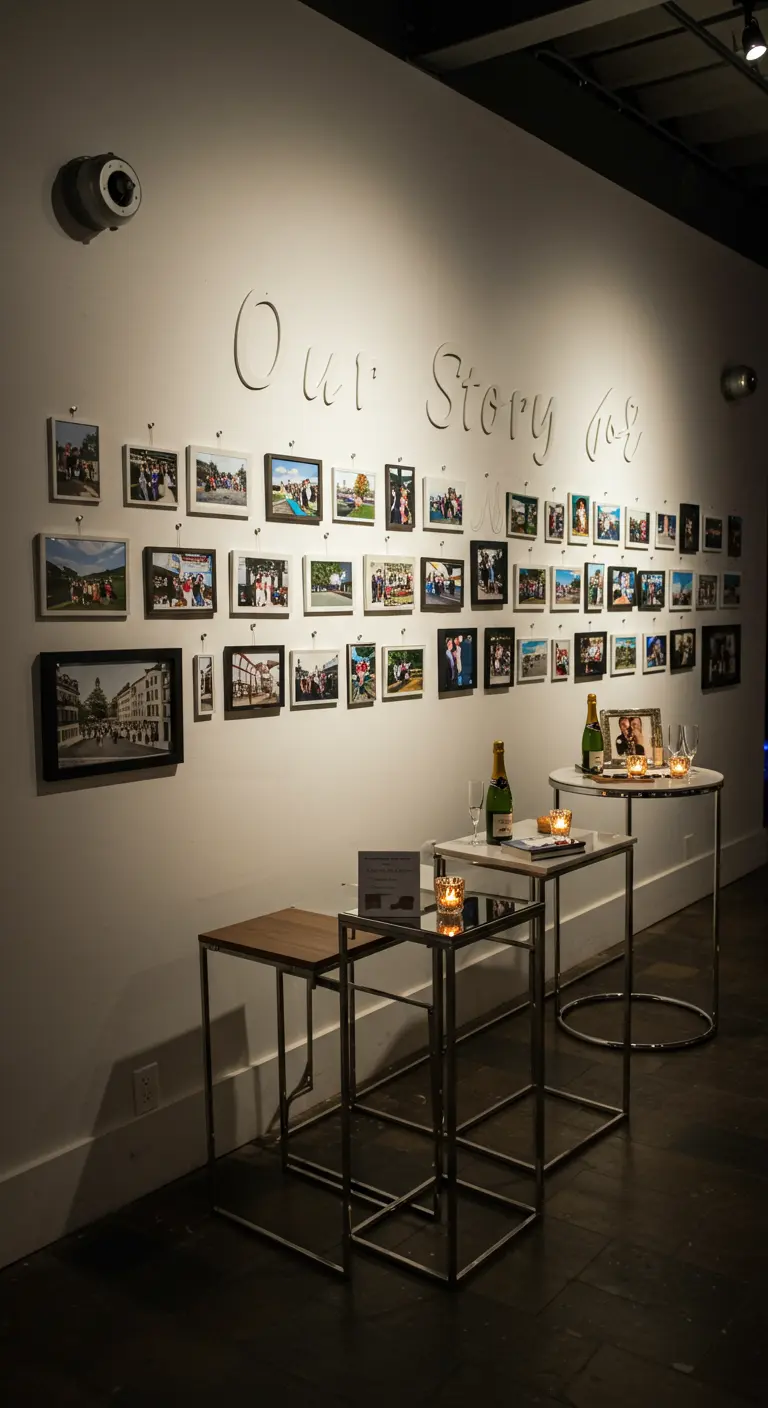 Witte muur met tientallen ingelijste foto's en de tekst 'Our Story', met statafels ervoor.