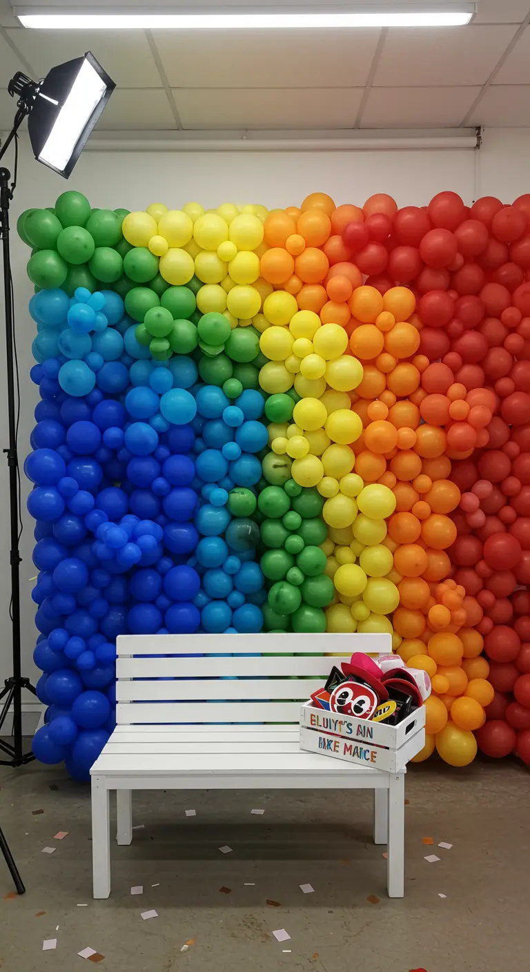 Een fotobooth met een muur van regenboogkleurige ballonnen en een wit bankje.