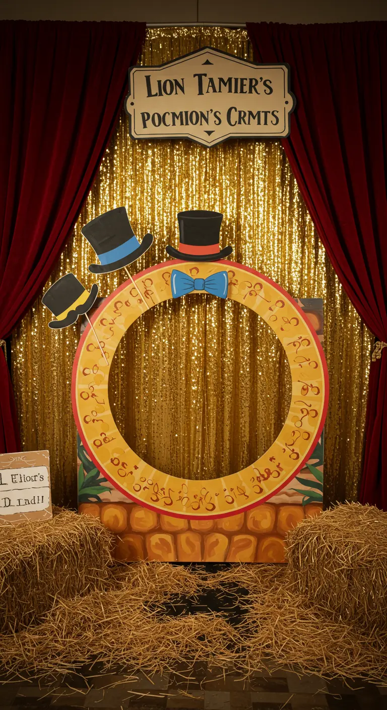 Photobooth van een leeuwentemmer-ring met een gouden glitterachtergrond.