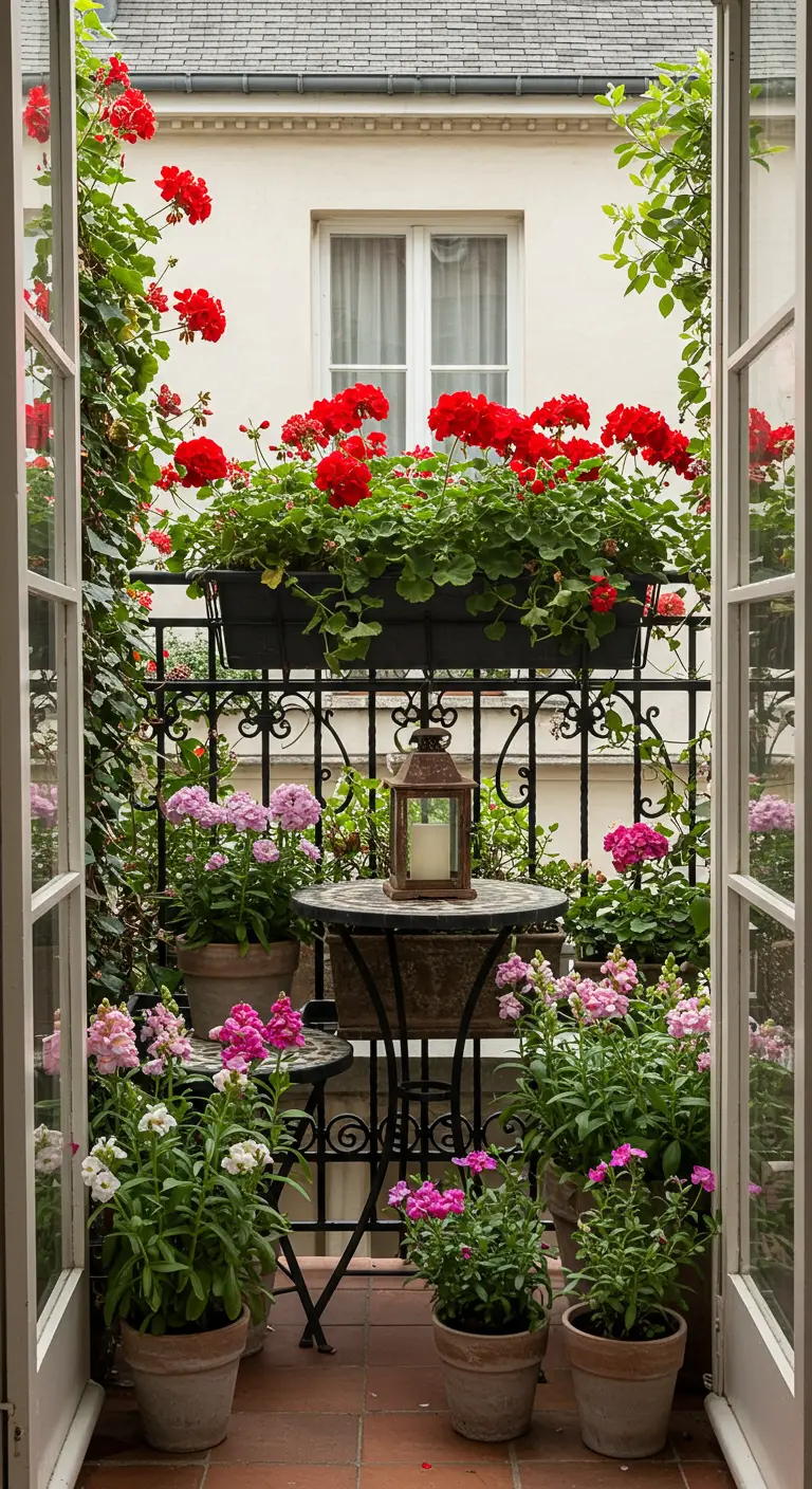 Frans balkon met rode geraniums in bloembakken, smeedijzeren meubels en diverse bloempotten.