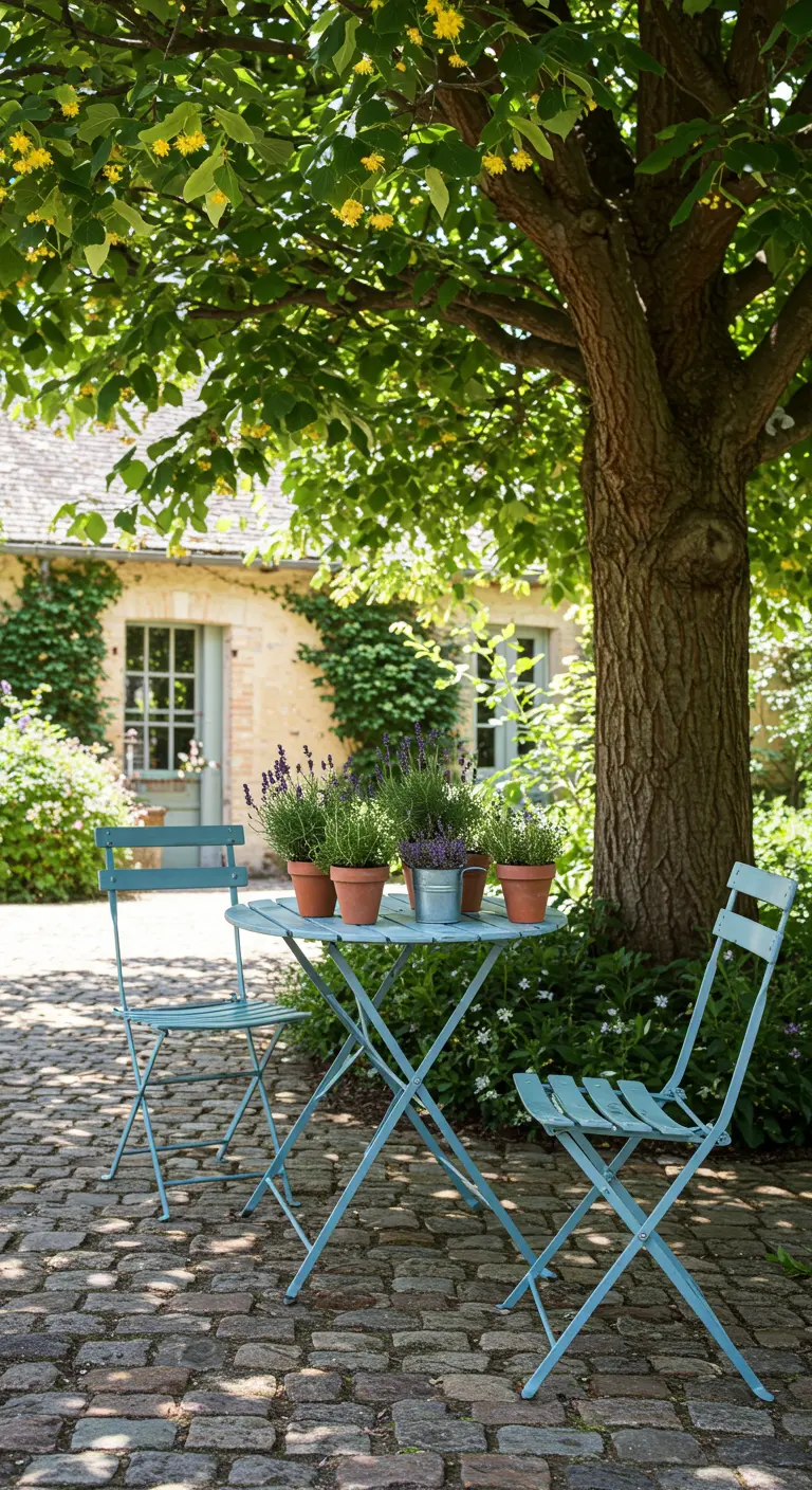 Blauw metalen bistrosetje op een terras van kasseien, met potjes lavendel op tafel.