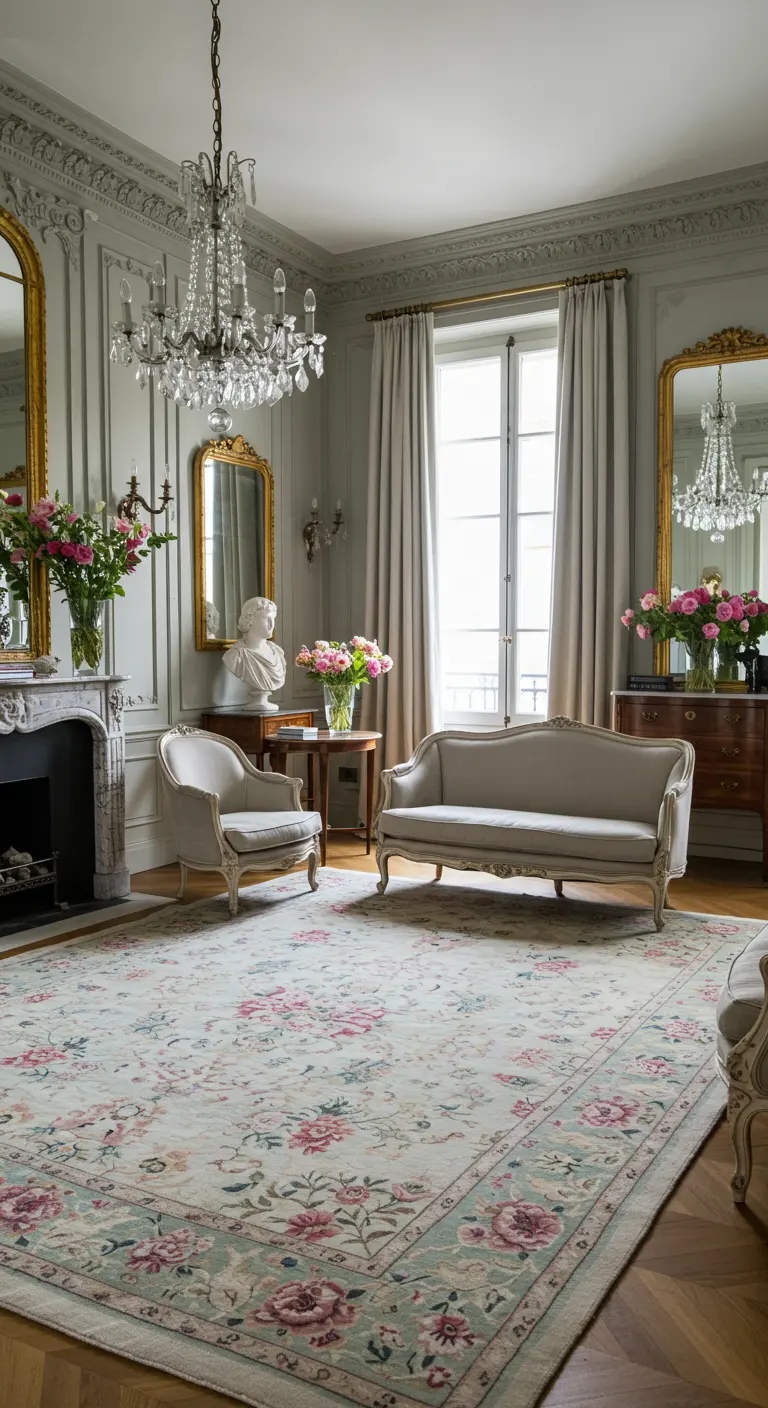Franse woonkamer met pastelkleurig bloemen tapijt, klassieke meubels en kristallen kroonluchter.