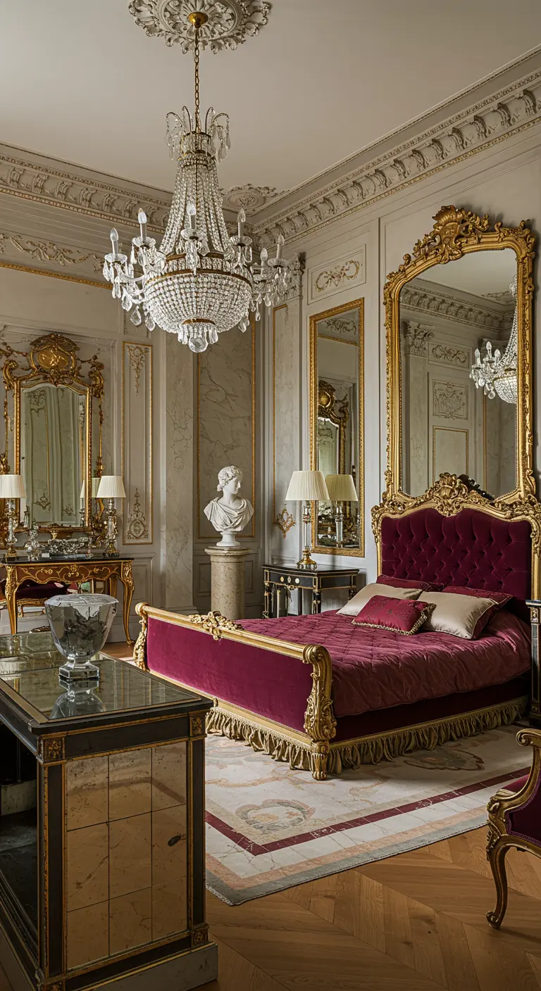 Frans elegante slaapkamer in rood en goud met sierlijke meubels, grote spiegels en kristallen kroonluchter.
