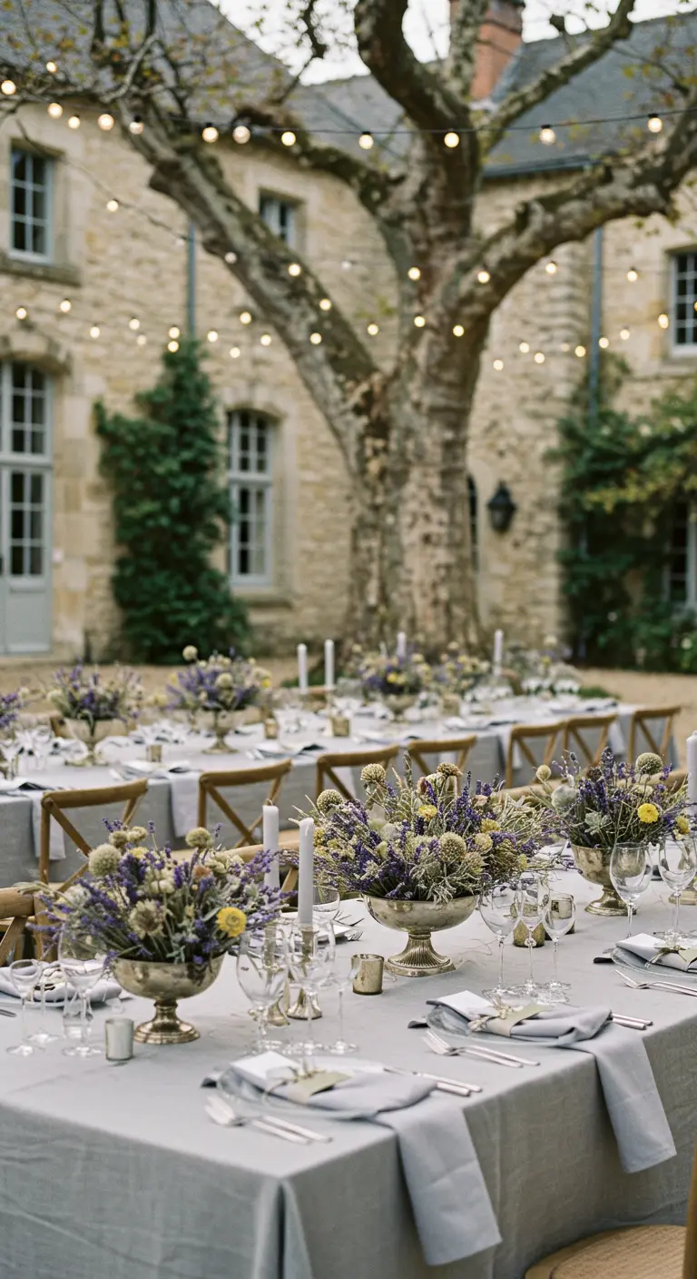 Elegante tafelsetting op een Franse binnenplaats met grijs linnen en boeketten van gedroogde lavendel.