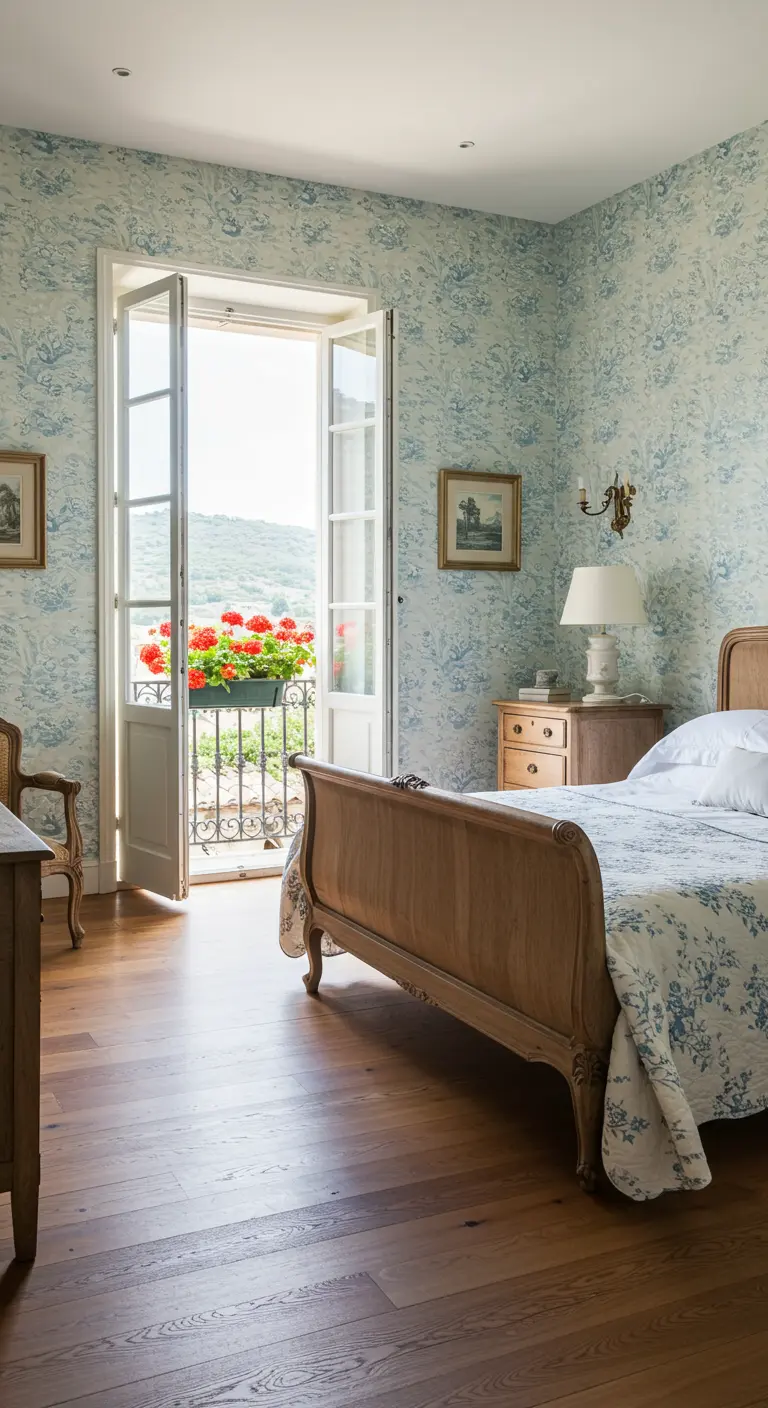 Slaapkamer met lichtblauw bloemenbehang, houten bed en openslaande deuren naar een balkon met bloemen.