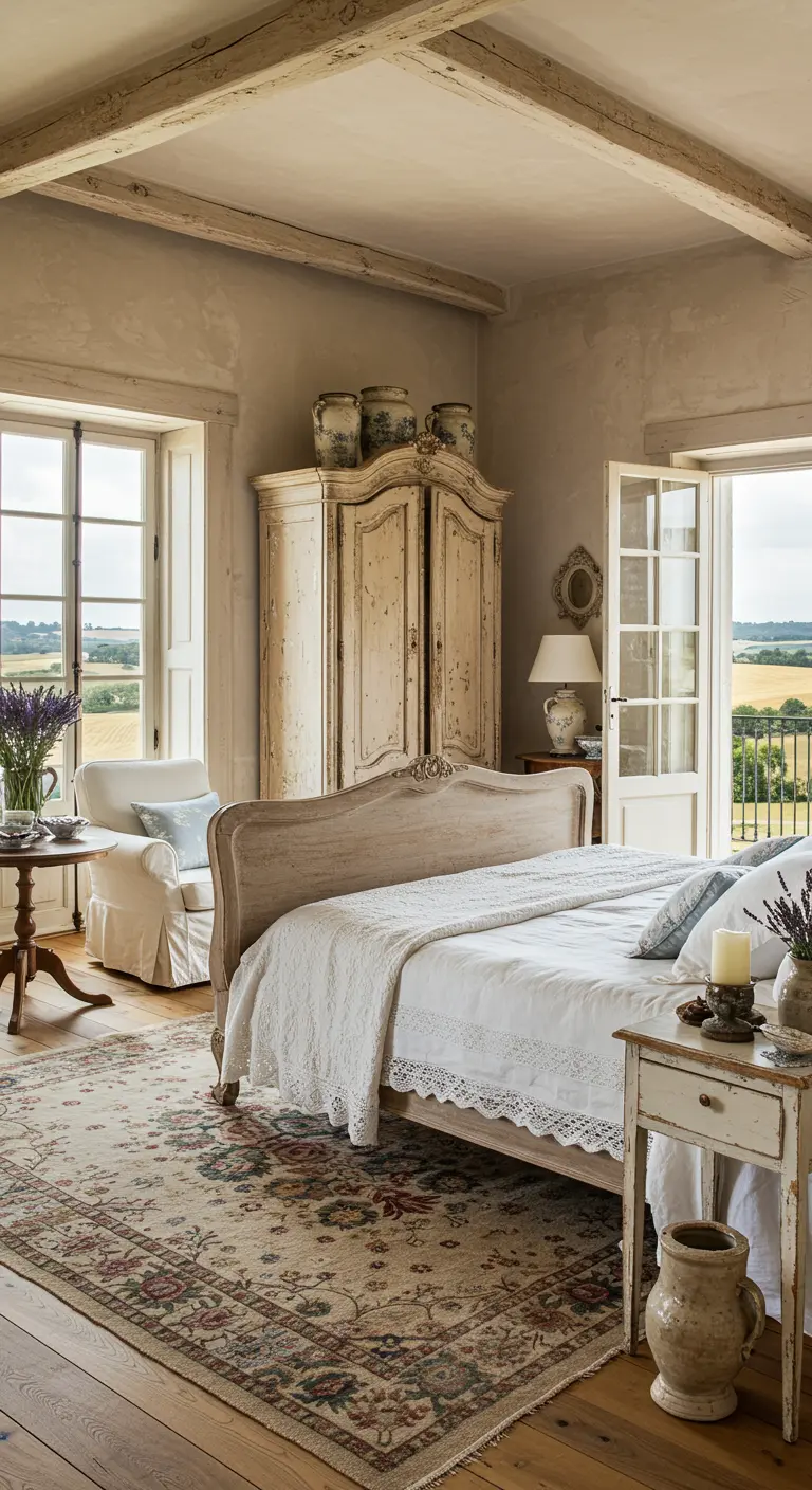 Franse landelijke slaapkamer met verweerde kast en uitzicht op het platteland.